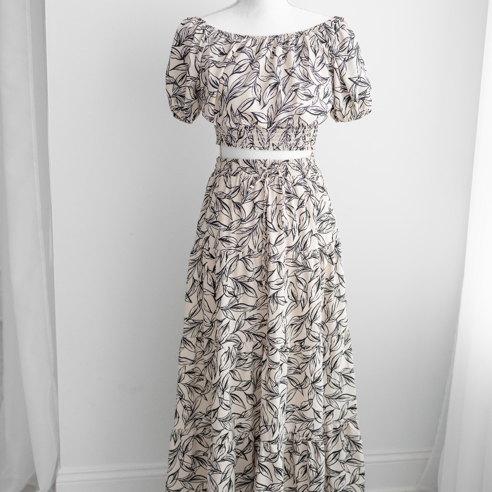 HYFVE Boho Ivory Black Floral Two Piece Maxi Skirt Set